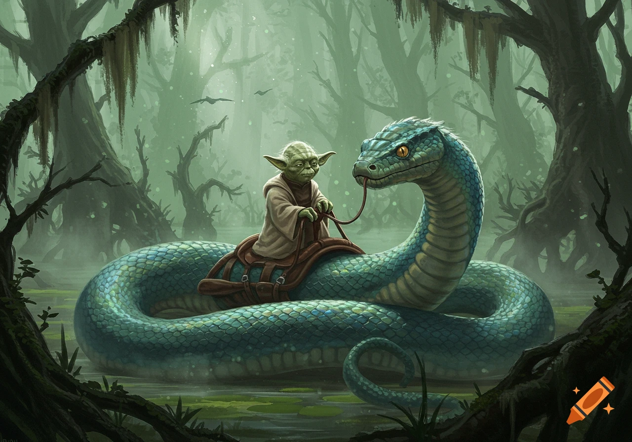Yoda rides a large, blue-green snake through a misty, mossy swamp forest, in a fantasy art style.