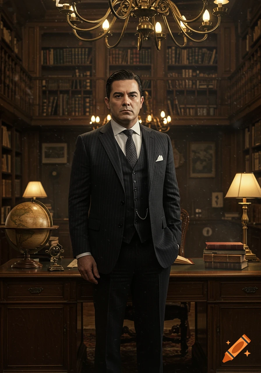 A serious man in a pinstripe suit and vest stands in a grand, wood-paneled library with bookshelves, a desk, and a globe.