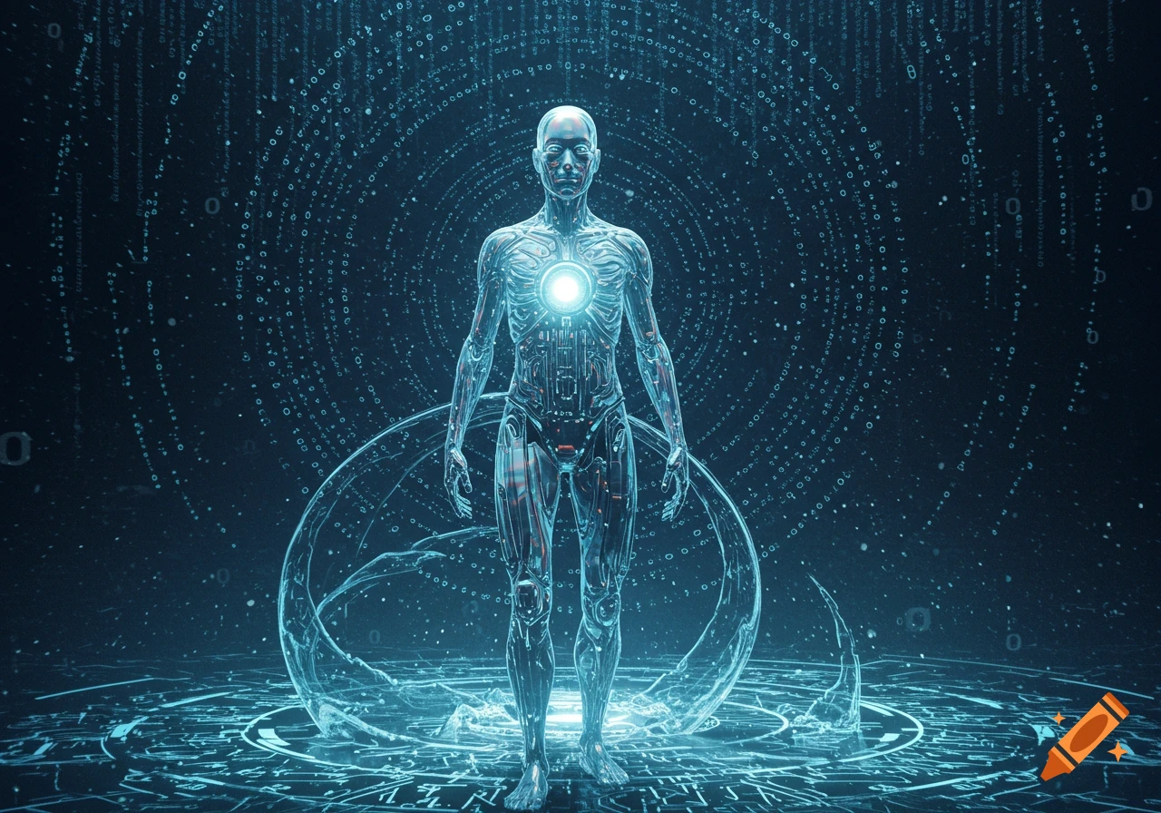 A glowing blue digital humanoid figure stands against a dark background of swirling binary code.