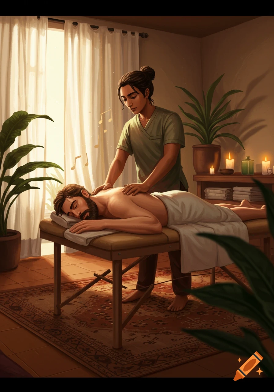 Illustrated scene of a bearded man receiving a back massage from a masseuse in a cozy spa room with warm lighting.