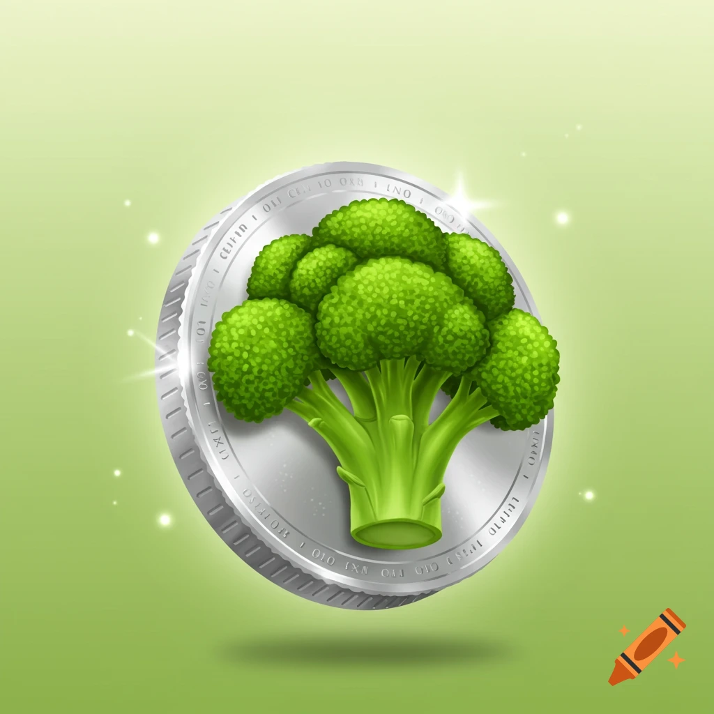 A vibrant green broccoli floret is centered on a shiny silver coin, set against a light green background with subtle sparkles.