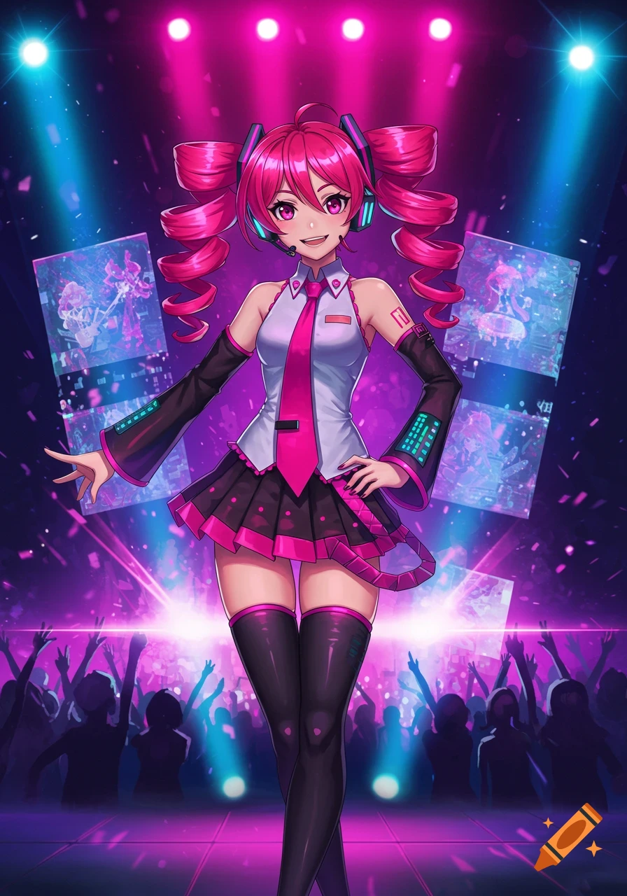 An anime character with bright pink pigtails, a white and pink outfit, and headphones performs on a stage under vibrant pink and blue spotlights, with a silhouetted crowd cheering.