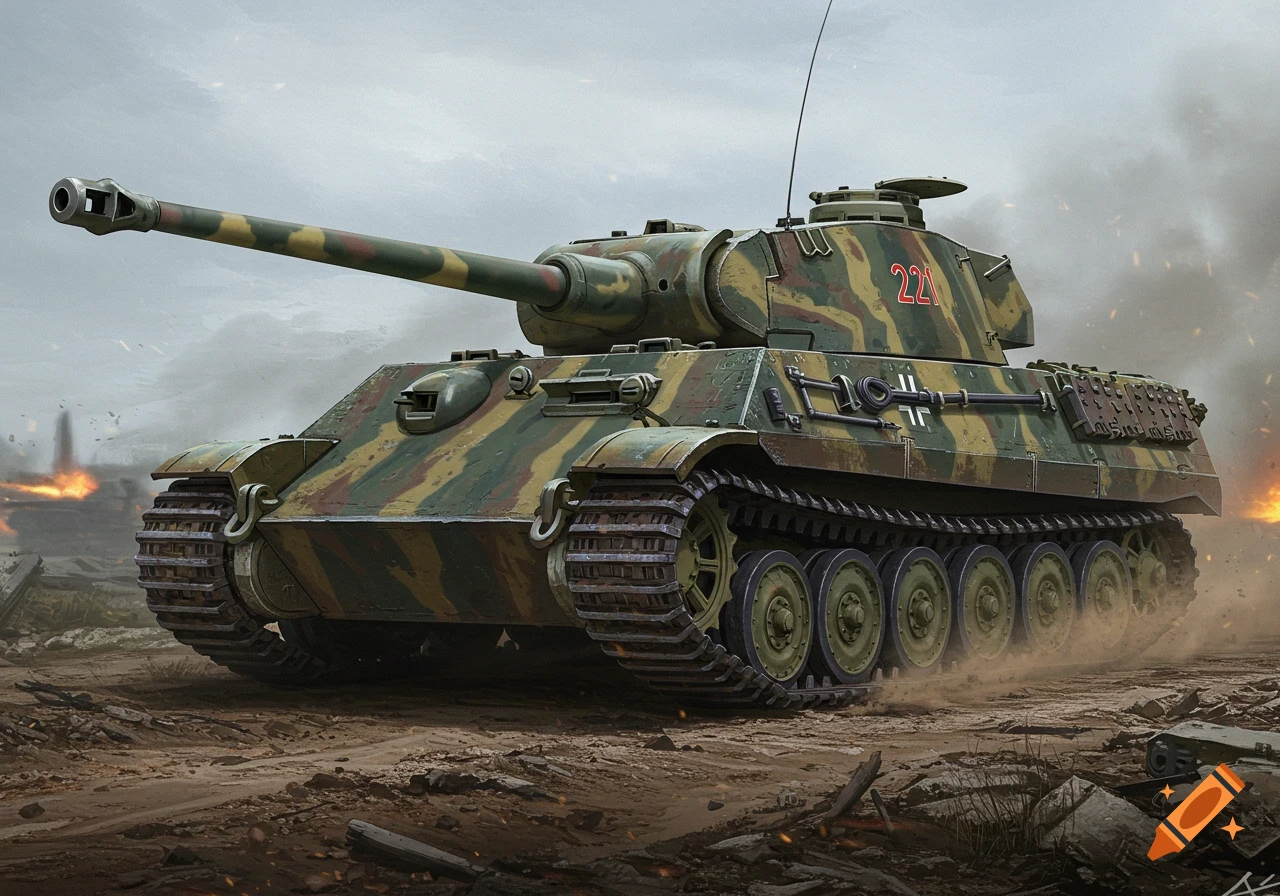 A detailed illustration of a WWII German heavy tank with camouflage, numbered 221, on a dusty battlefield with smoke.