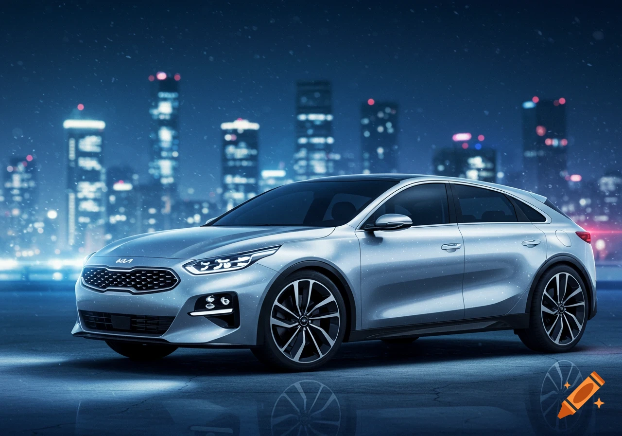 A silver Kia hatchback with illuminated headlights is parked in a snowy city at night, reflecting on the wet ground.
