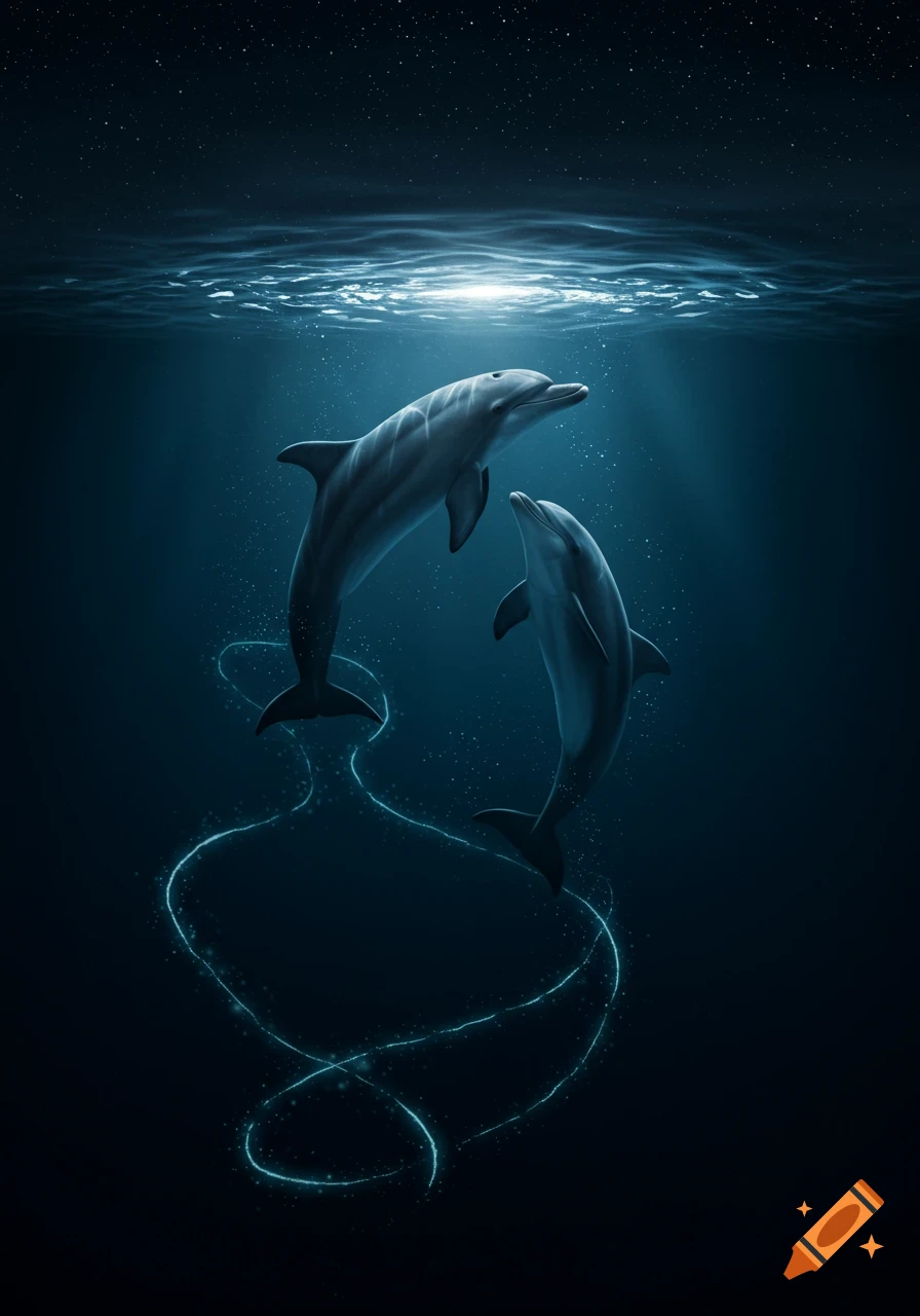 Two dolphins swim gracefully in deep blue water under a starry surface with light rays and glowing trails.
