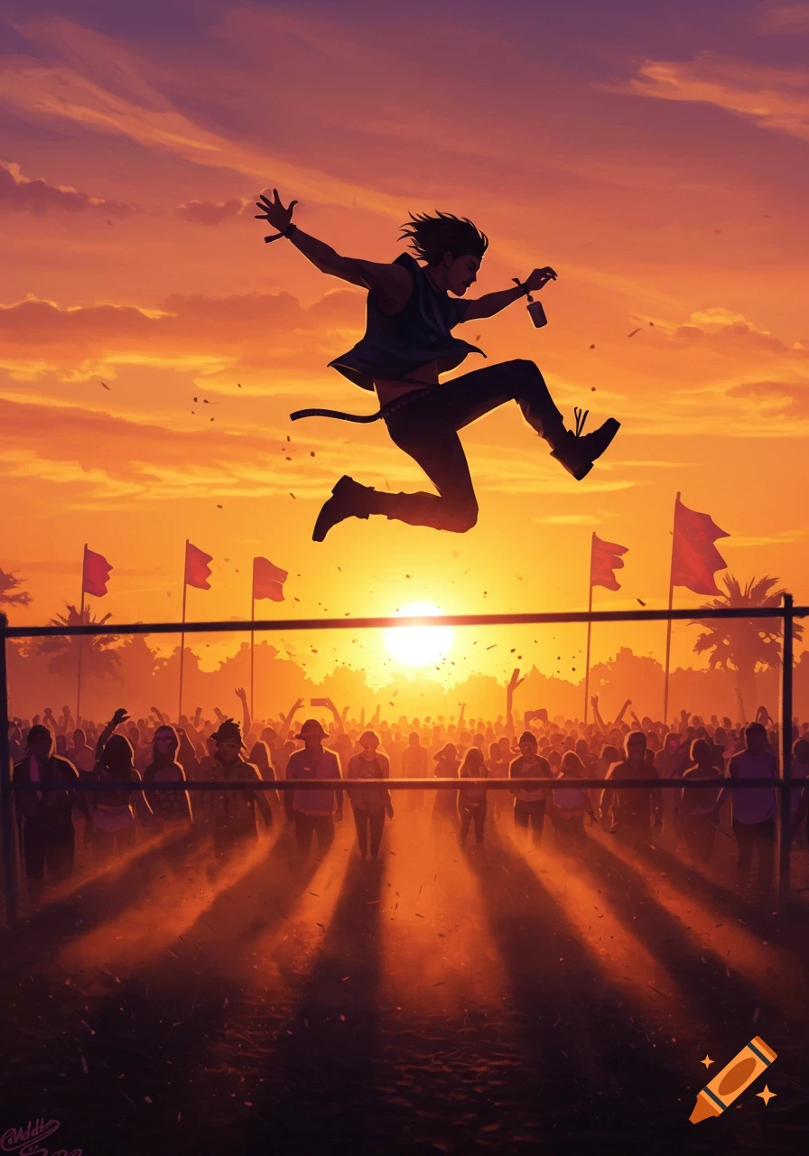 A person jumps over a barrier at a crowded outdoor festival during sunset, silhouetted against an orange sky.