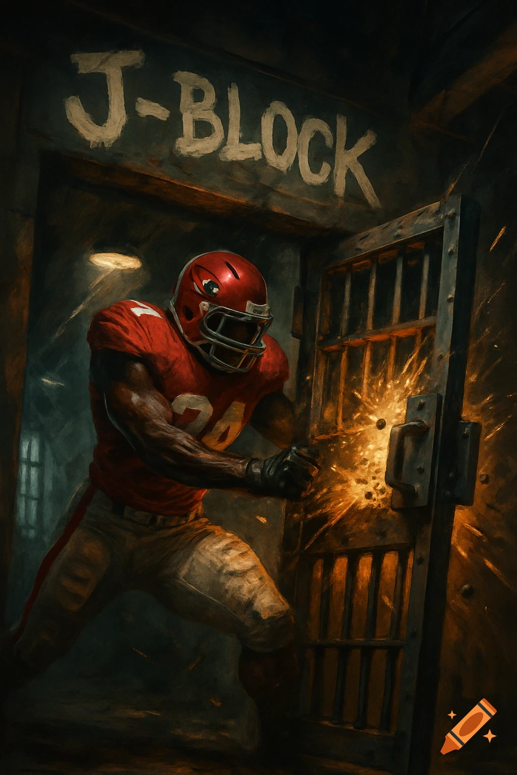 A football player in a red jersey and helmet punches a sparking prison cell door with 'J-BLOCK' above it, painterly style.