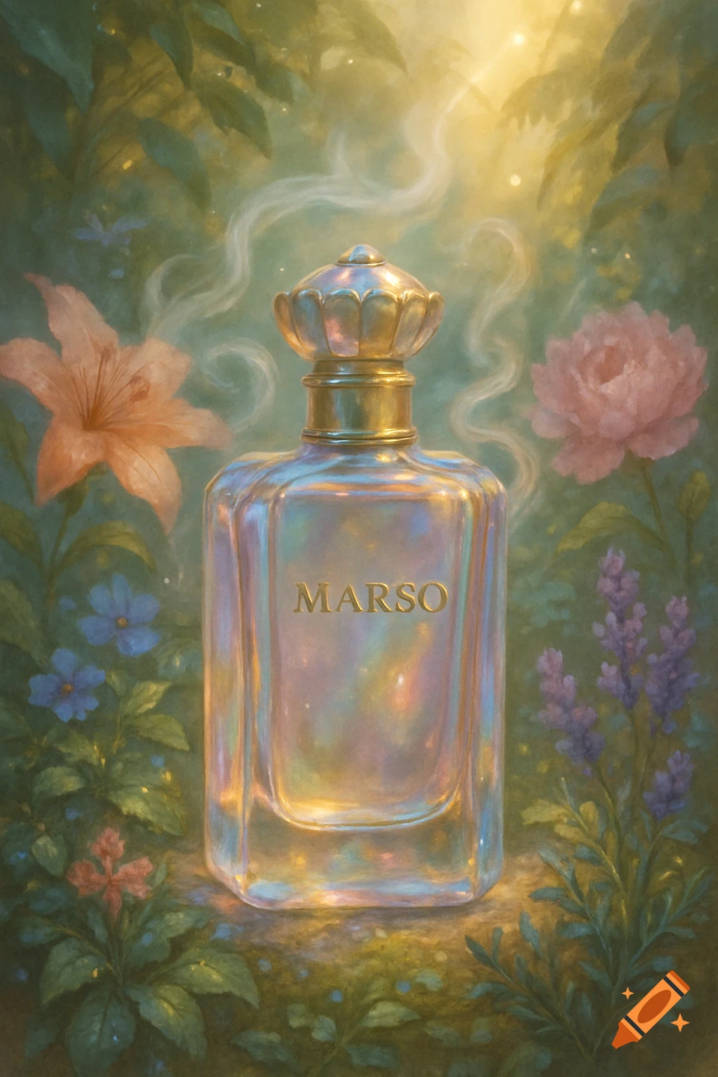 A luminous 'MARSO' perfume bottle sits among vibrant flowers and foliage, with a soft glow and wisps of smoke.