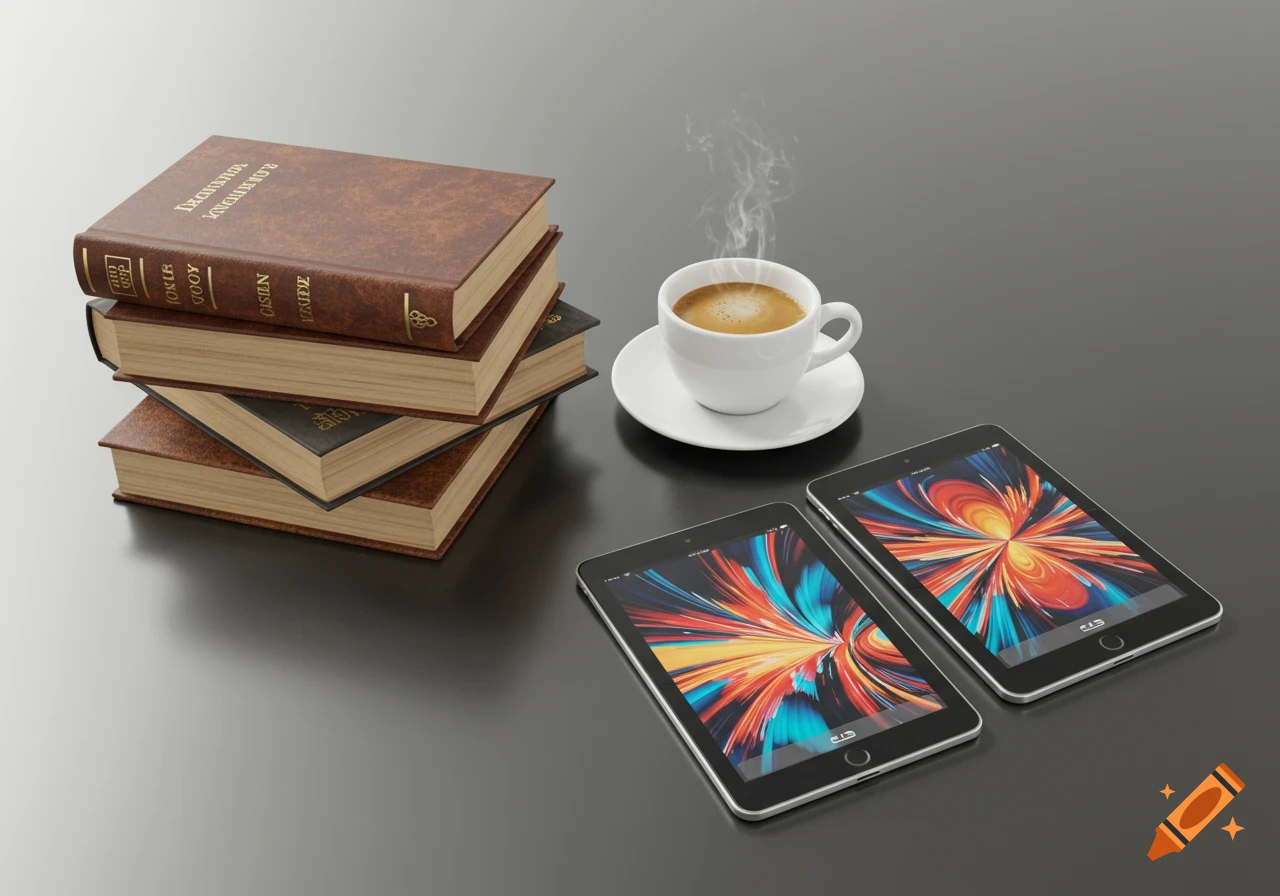 A stack of old brown books, a steaming white coffee cup, and two tablets with colorful abstract screens on a dark, reflective surface.