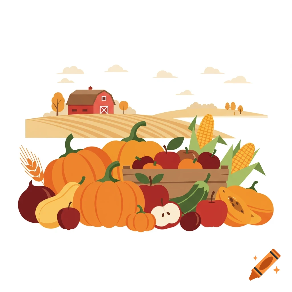 Stylized illustration of a barn and fields behind a large pile of pumpkins, apples, corn, and other autumn harvest produce.