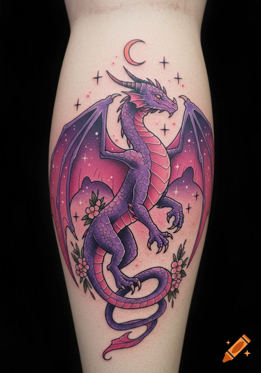 A vibrant purple and pink fantasy dragon tattoo with a moon, stars, and flowers on a leg.