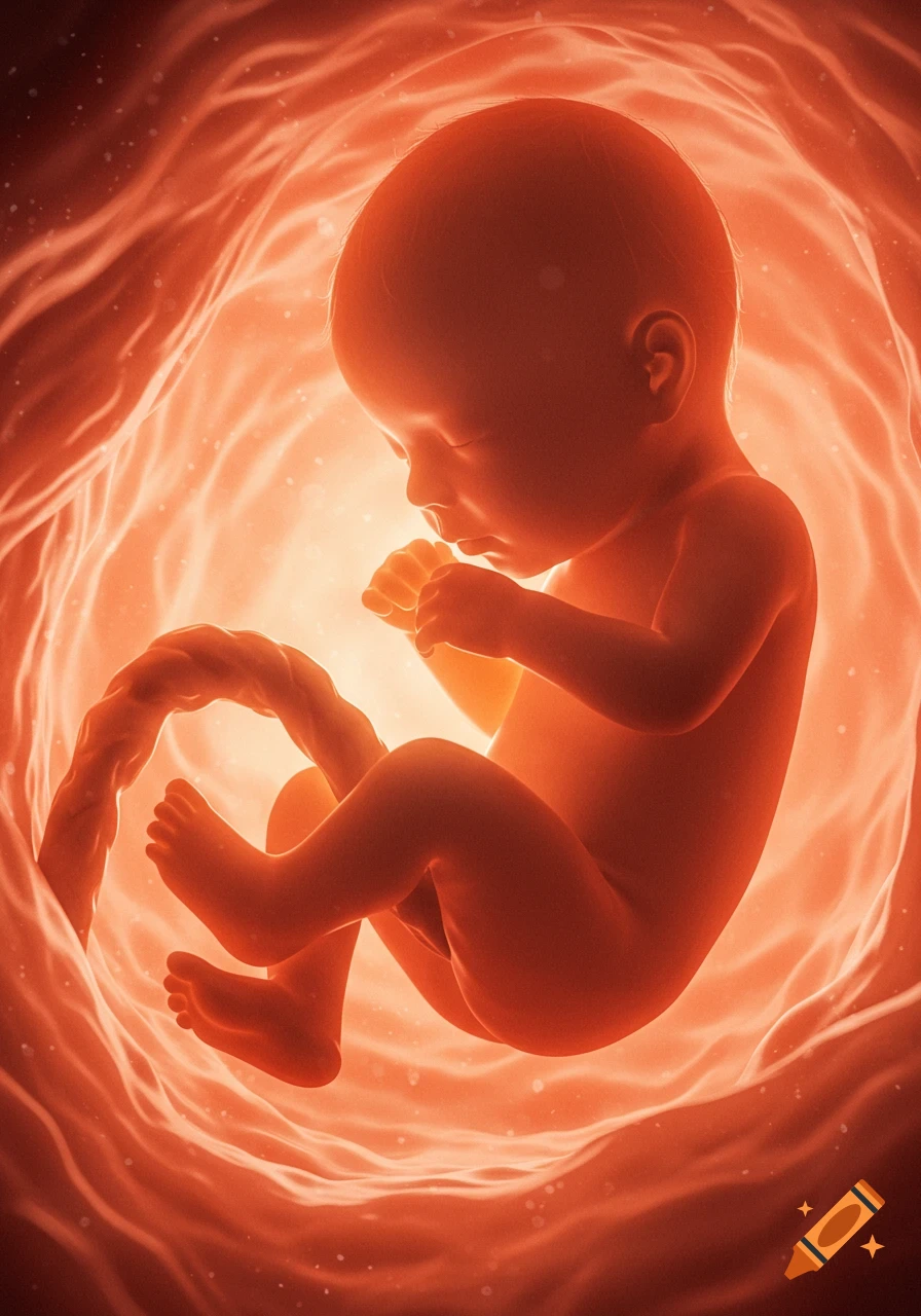 A 3D illustration of a 27-week-old fetus with an umbilical cord, glowing orange inside a womb-like environment.