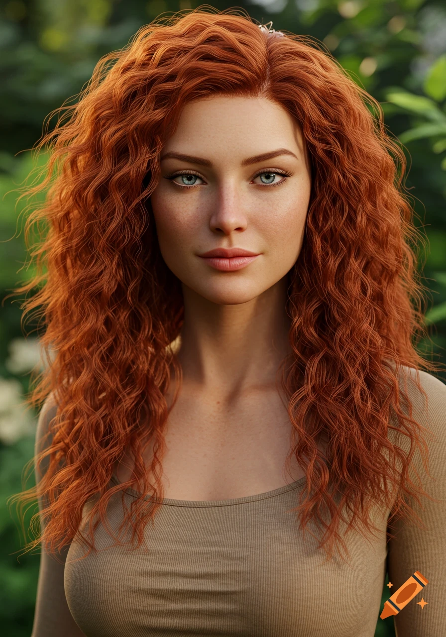 Photorealistic portrait of a woman with long, curly red hair and blue eyes, wearing a light brown top, against a blurred green background.