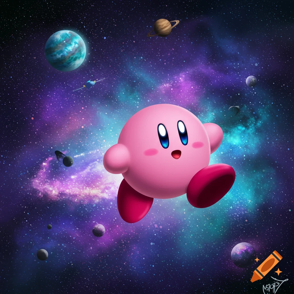Pink, round Kirby floats happily through a vibrant cosmic background with colorful nebulae and several planets.