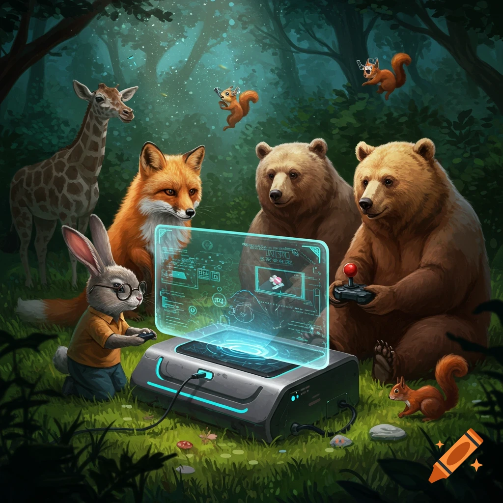 Anthropomorphic animals including a rabbit, fox, bears, and squirrels gather in a forest, playing video games on a glowing holographic console.