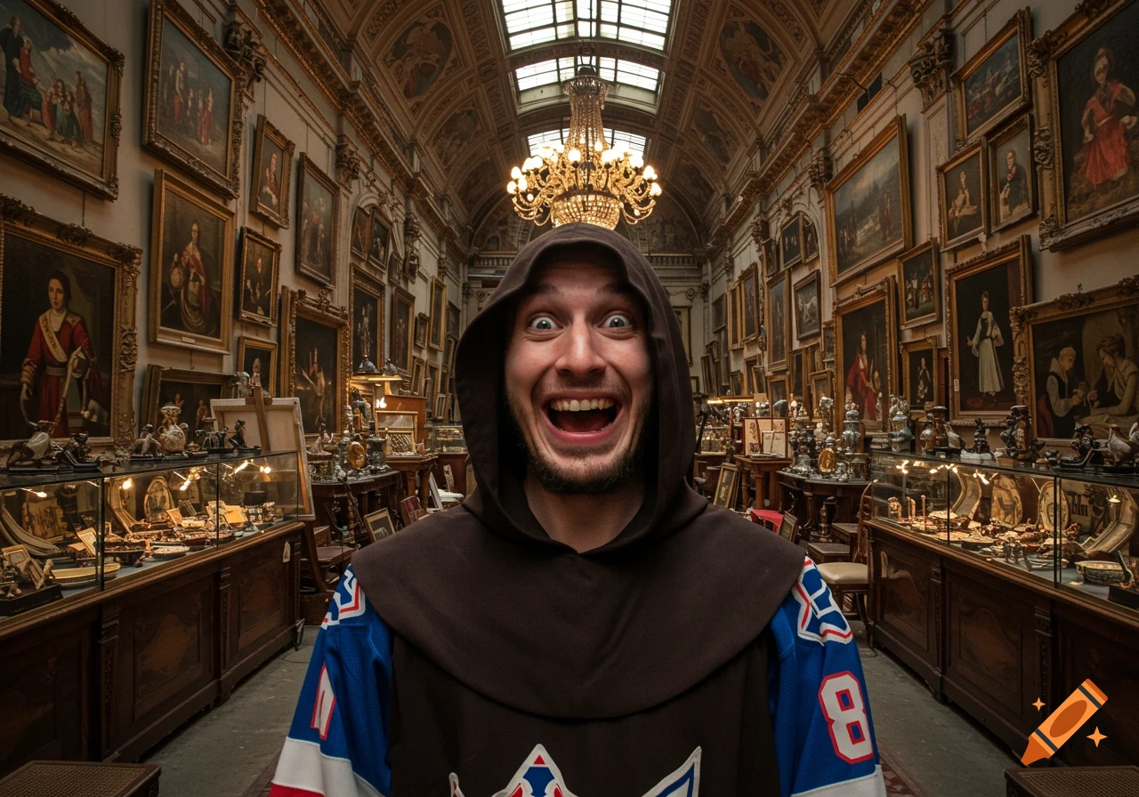 A man in a hooded monk's robe and an ice hockey shirt with a huge crazy grin and bulging eyes stands in a packed antique gallery with paintings and artifacts.