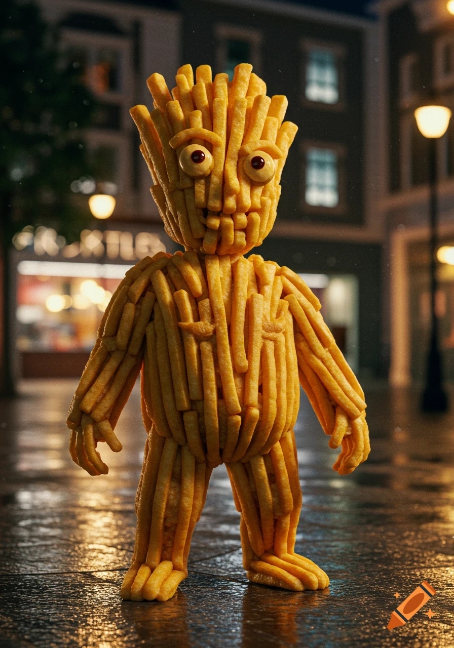 Photorealistic image of a man-like figure made entirely of french fries standing on a wet street at night.