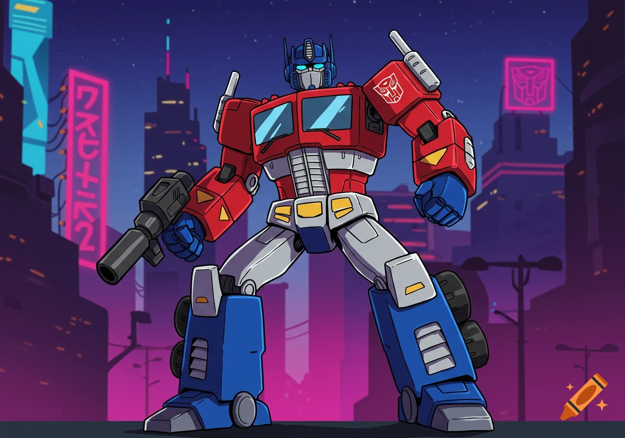 Full body cartoon illustration of Optimus Prime, red and blue, holding a blaster in a futuristic city at night.