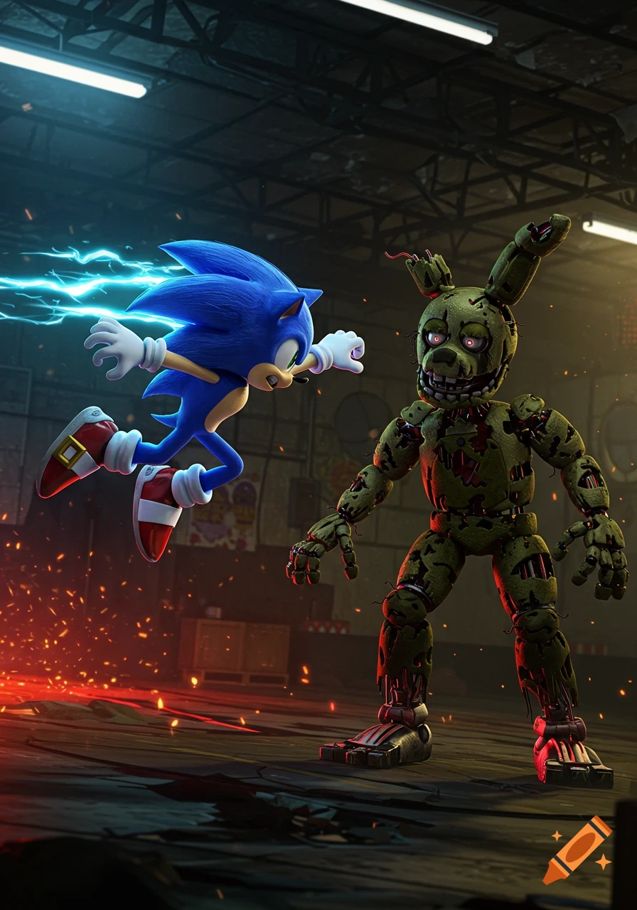 Sonic the Hedgehog, surrounded by blue electricity, dashes towards the decayed green animatronic Springtrap in a dark, industrial setting with red sparks.