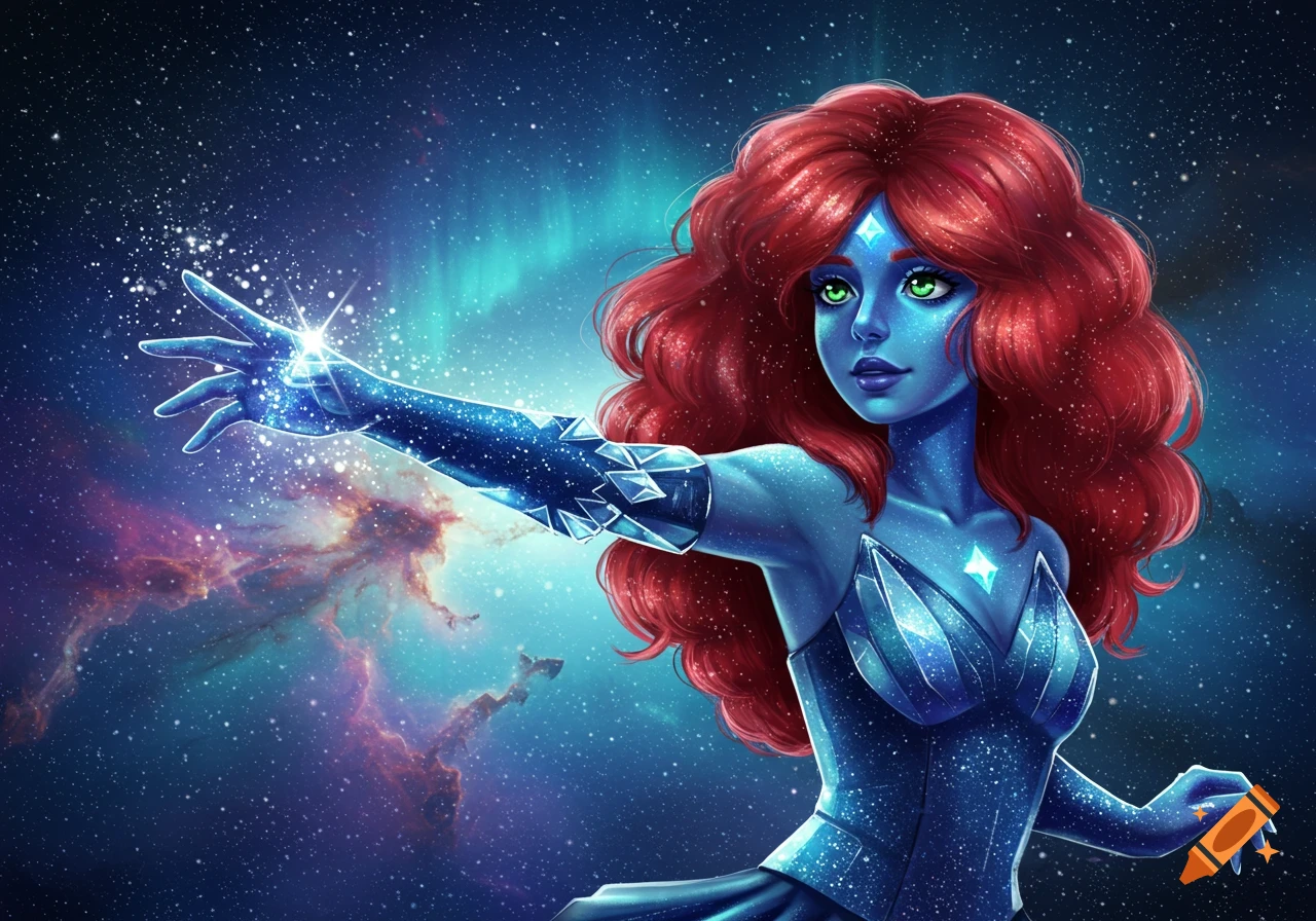 Blue-skinned woman with red hair, green eyes, and a starry, crystalline outfit, conjuring light in a cosmic nebula.