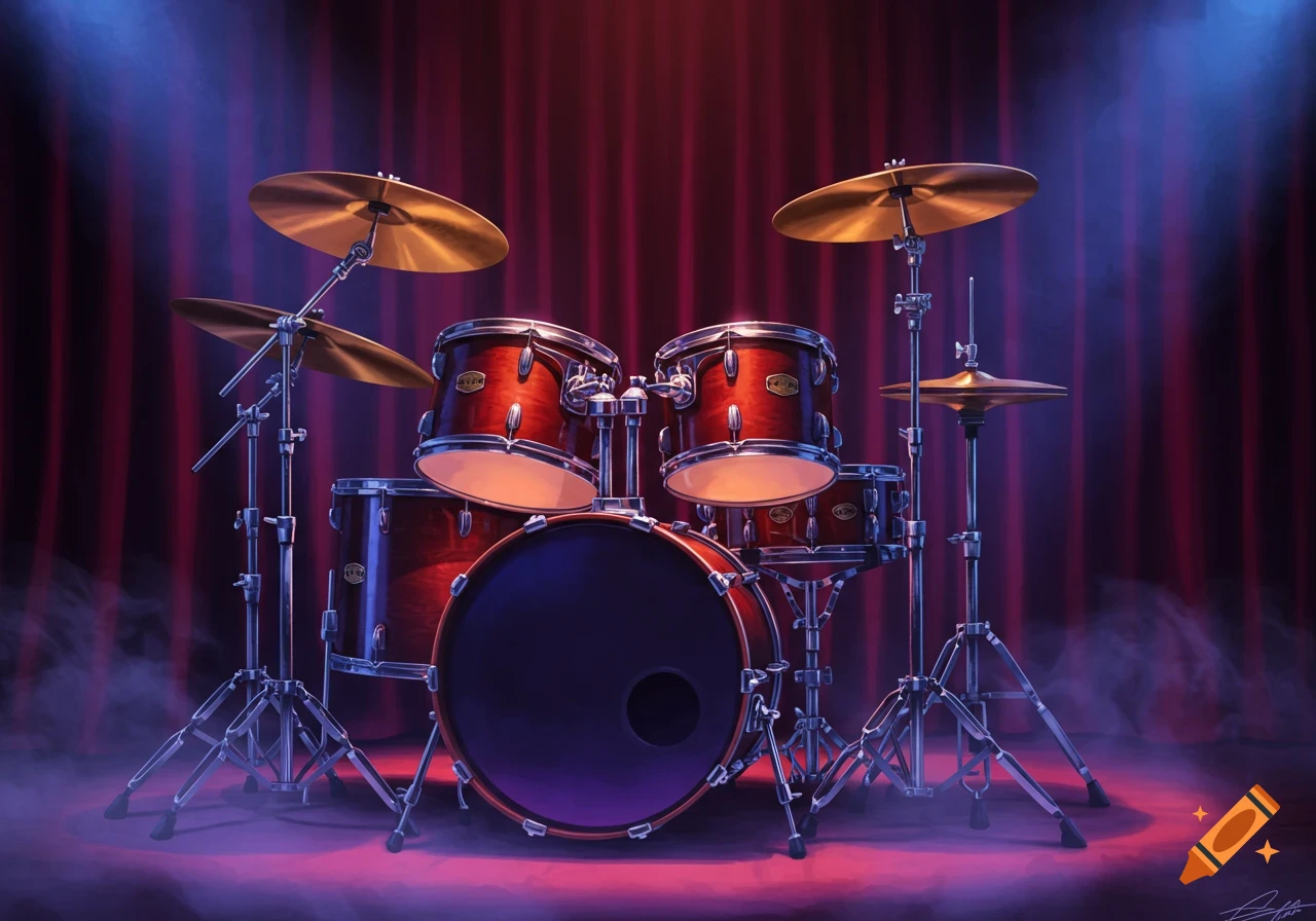 A vibrant drum set with red wooden drums and golden cymbals on a stage with red curtains, illuminated by blue and red spotlights and smoke effects.