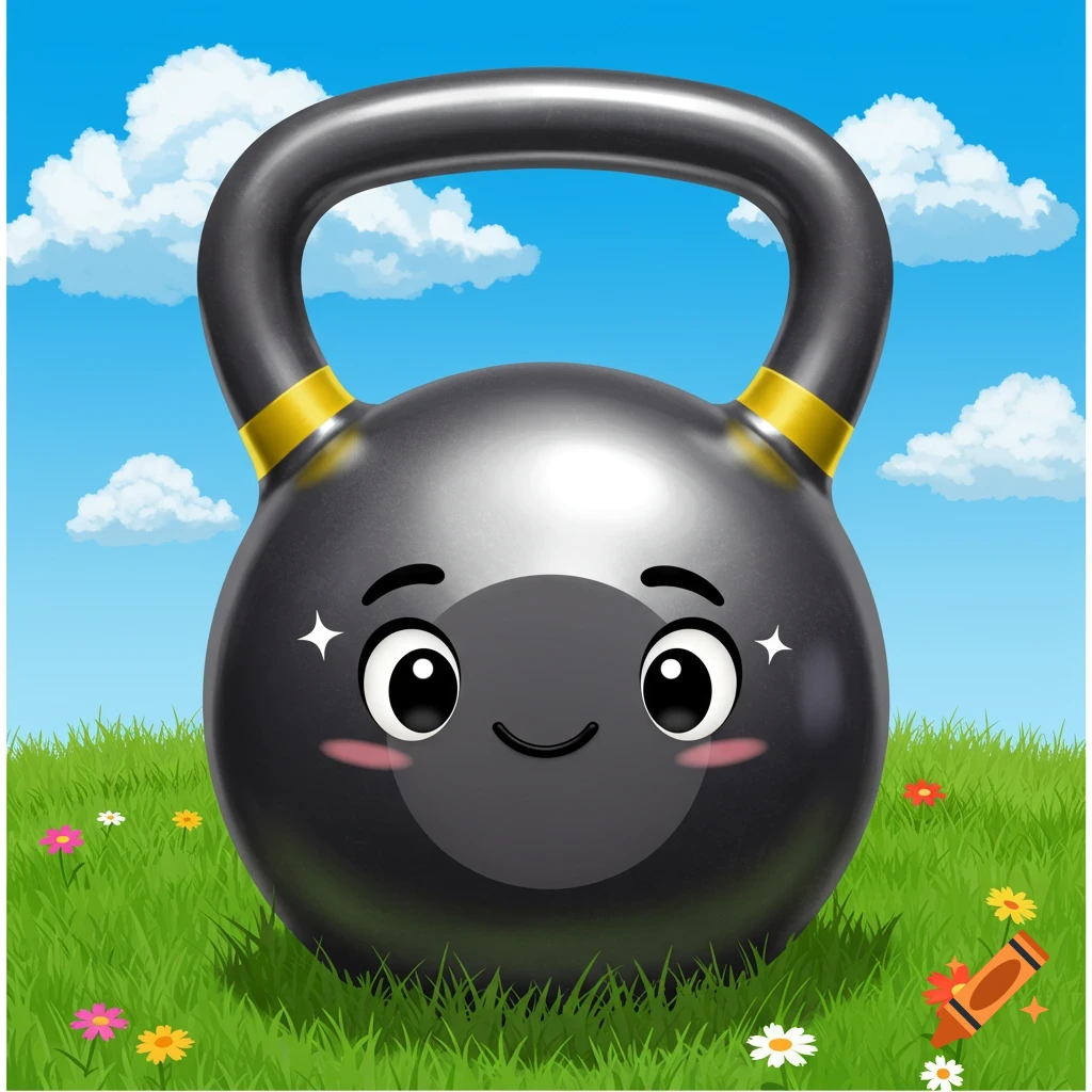 A cute cartoon kettlebell with a smiling face in a grassy field with colorful flowers under a blue sky.