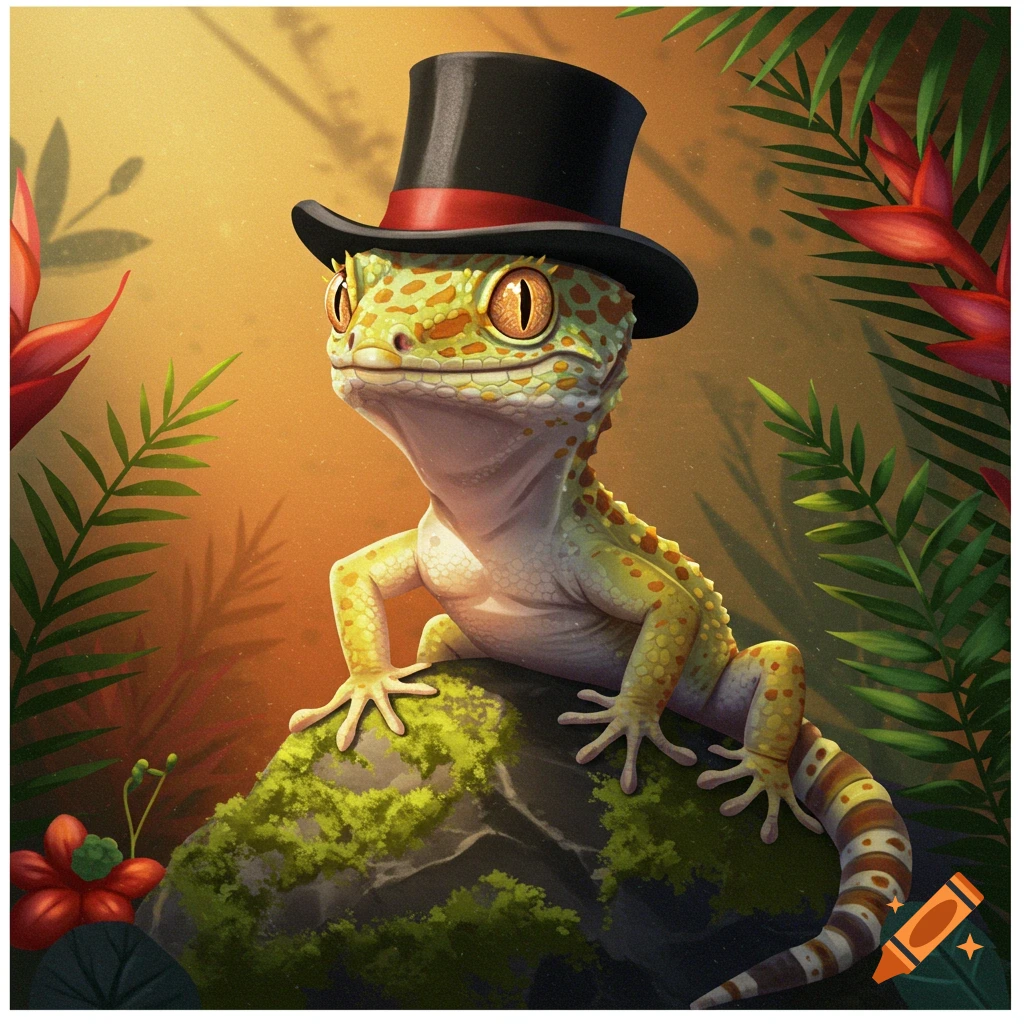A colorful gecko in a top hat sits on a mossy rock among tropical plants, rendered in a vibrant digital painting style.