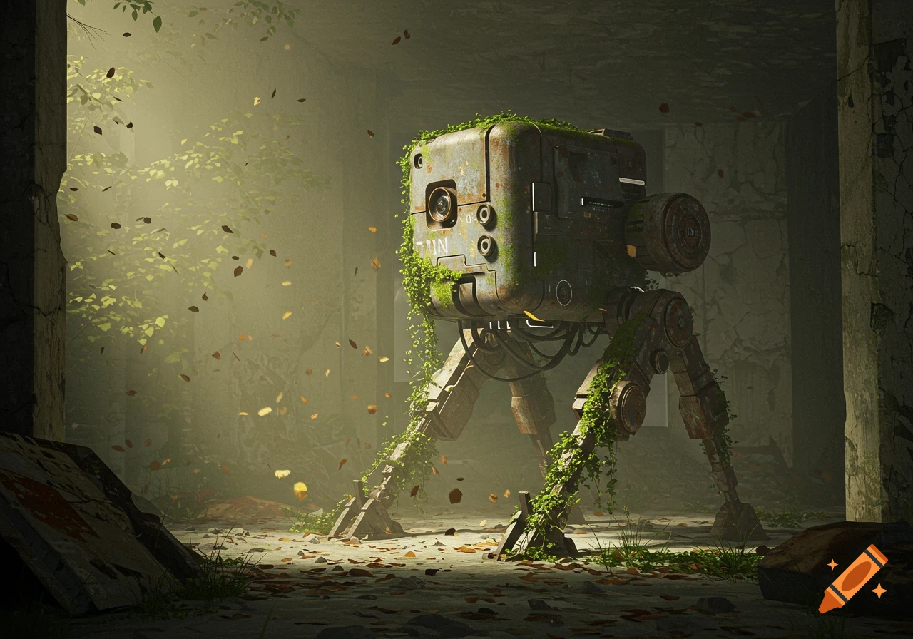 A rusty, moss-covered four-legged robot stands in a derelict, sunlit building with falling leaves, photorealistic.