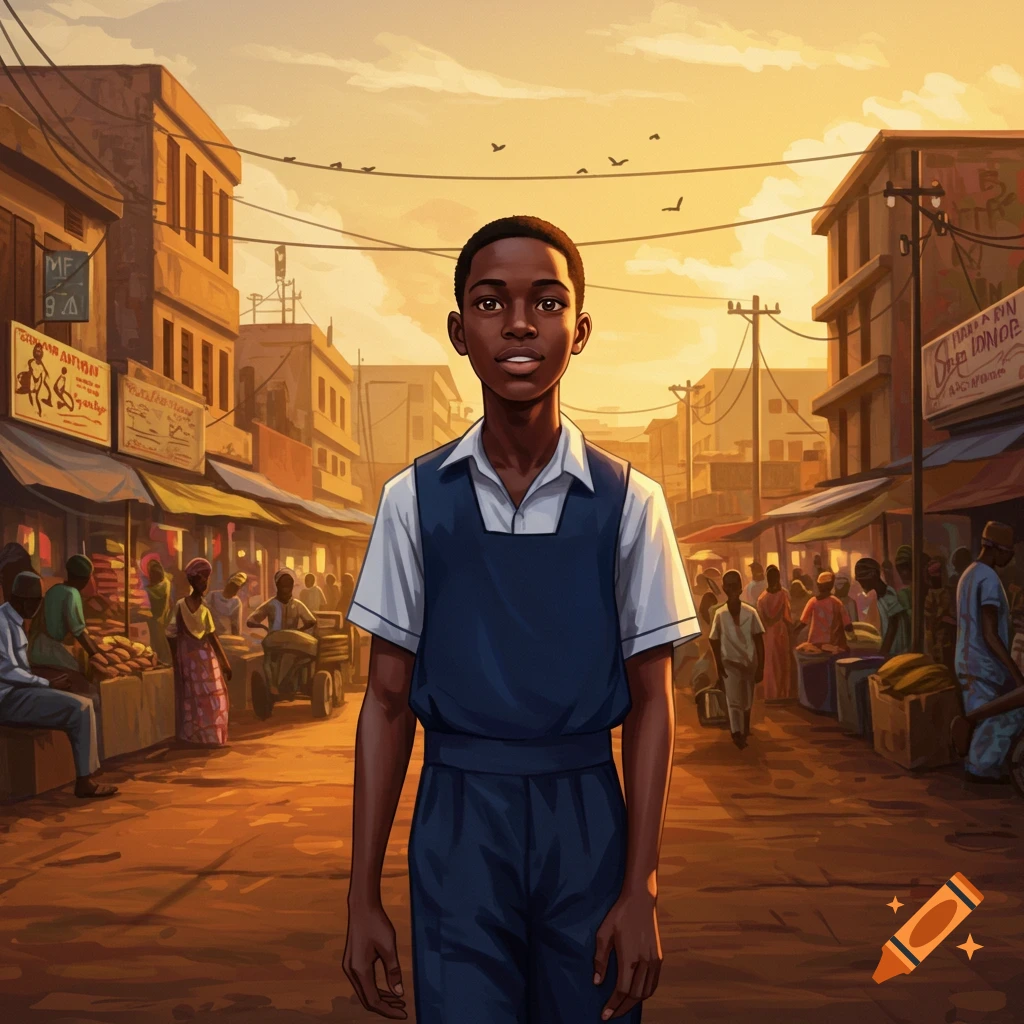 A young African boy in a school uniform stands smiling in the busy, sunlit streets of a Lagos market at sunset, digital painting.