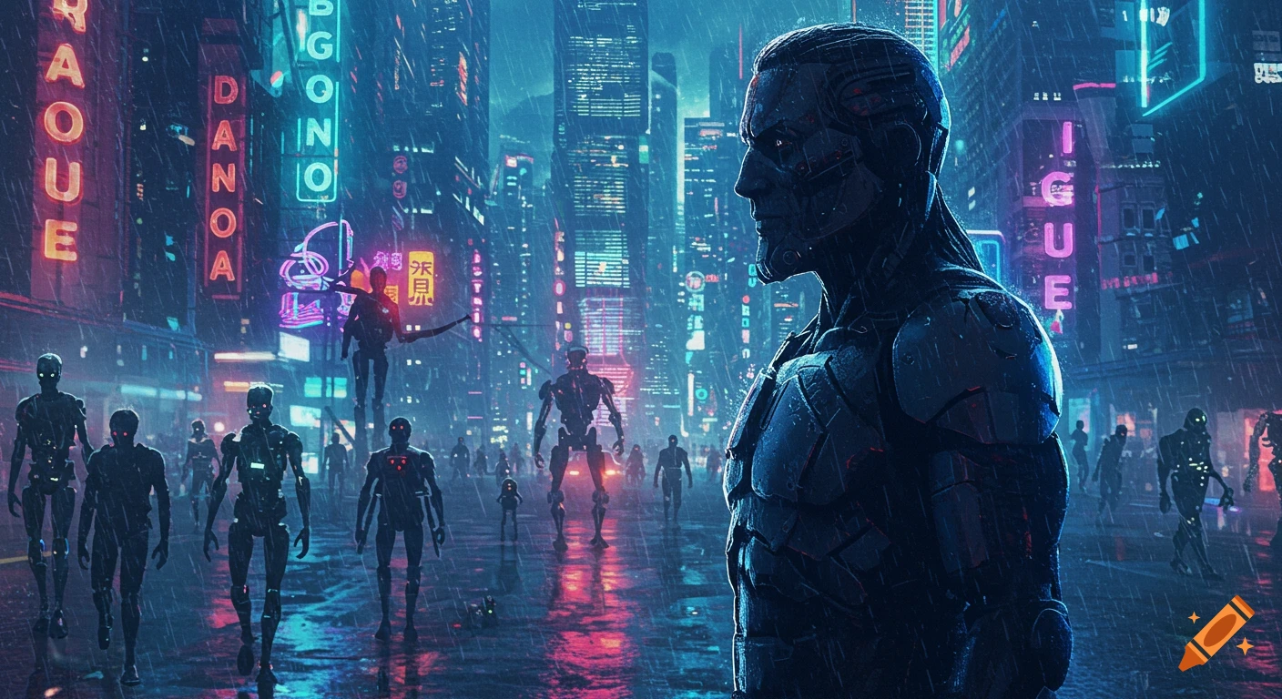 An android warrior stands on a rainy, neon-lit cyberpunk city street bustling with other robots at night.