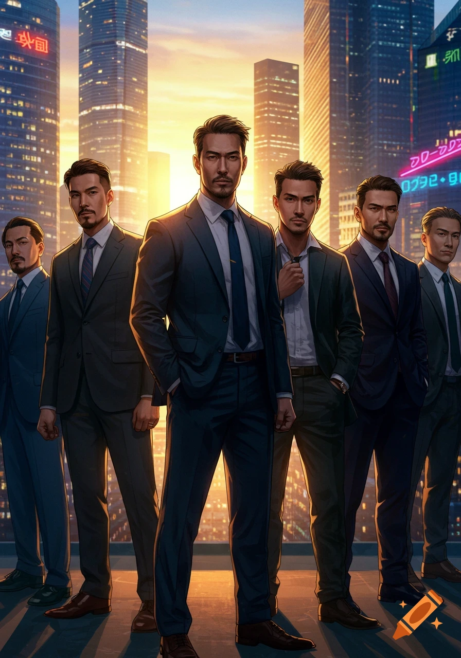 Six confident men in dark suits stand before a bright sunset and modern city skyline.