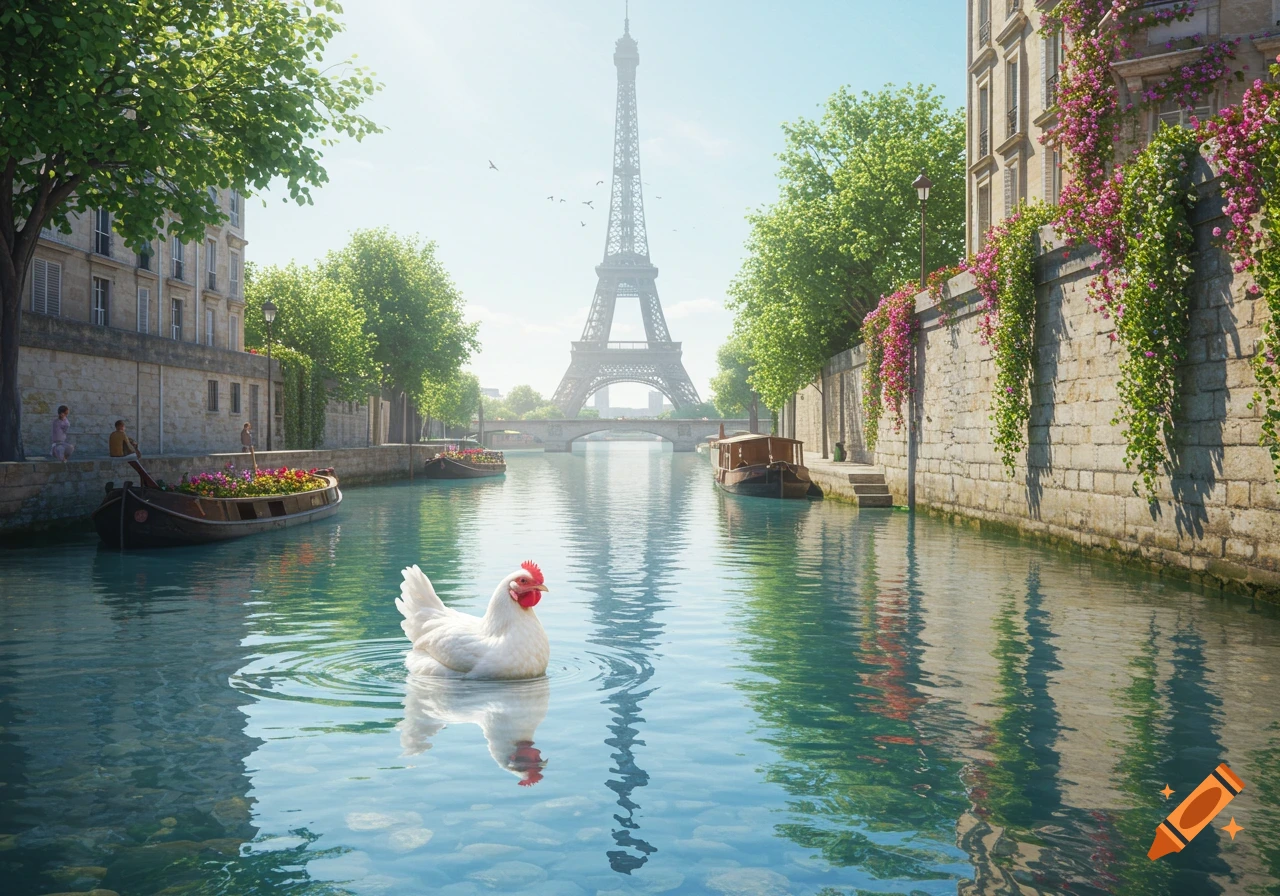 A white hen swims in a river in Paris, with the Eiffel Tower, stone buildings, and green trees lining the banks under a clear sky.
