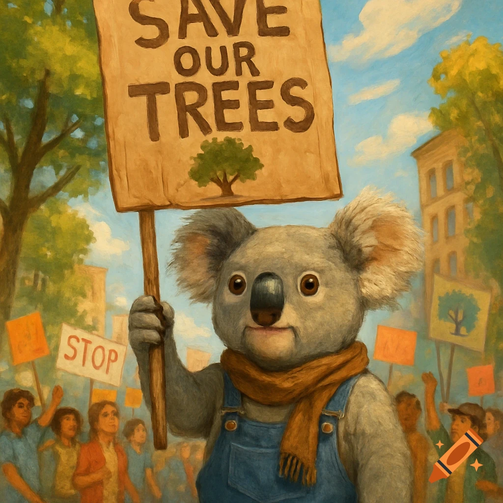 Anthropomorphic koala in overalls holding a 'SAVE OUR TREES' sign at a protest, digital art.