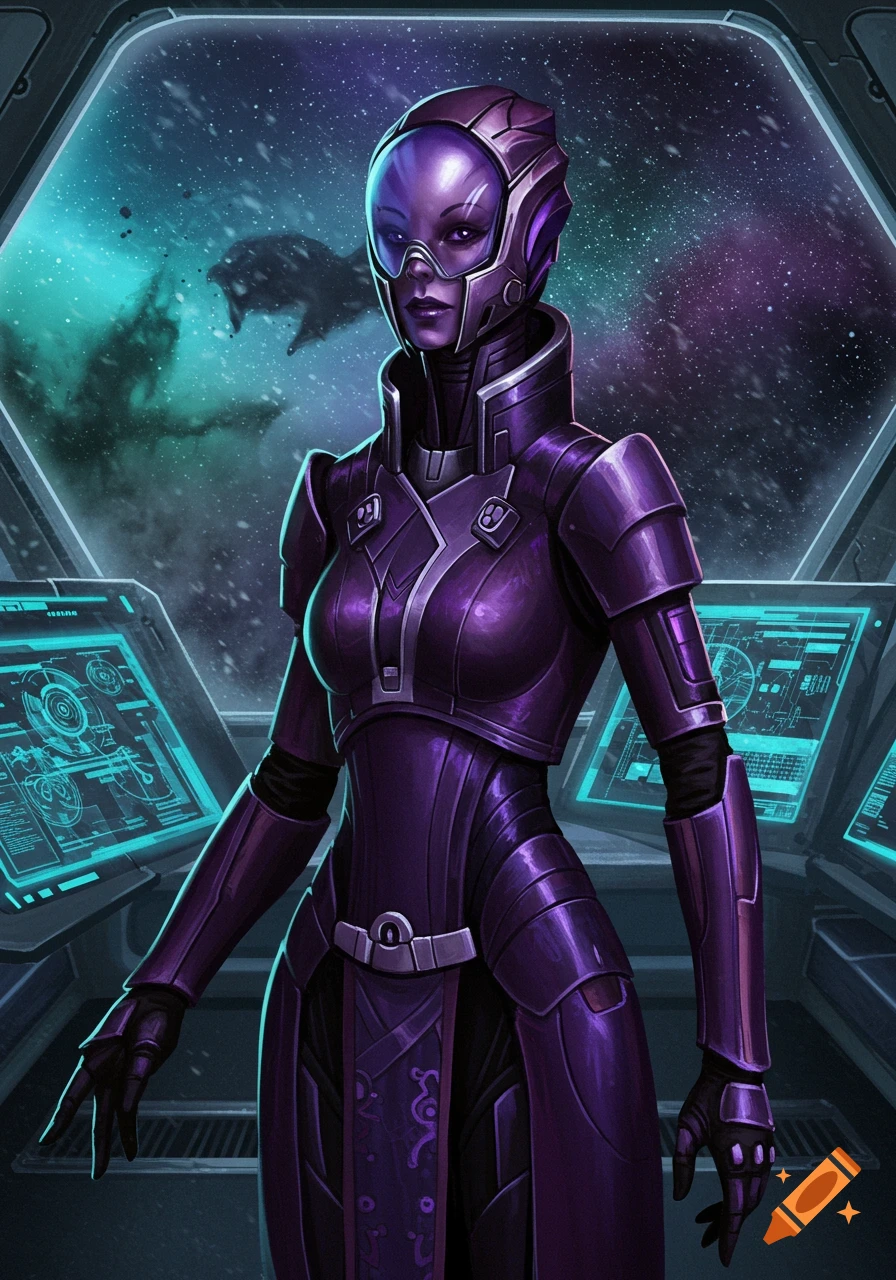 A purple-skinned alien in a purple armored suit stands in a spaceship cockpit, looking at space with a nebula and ship. Digital art.