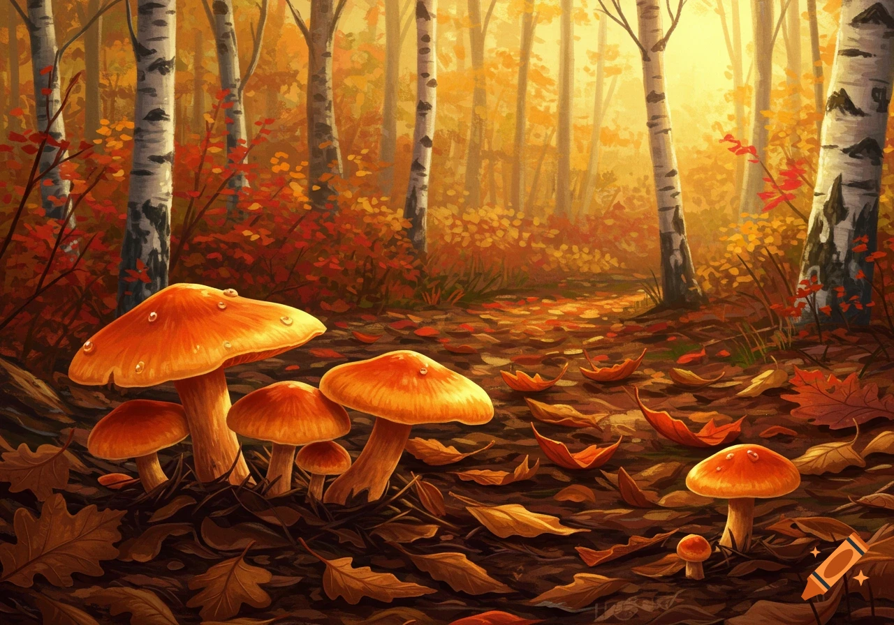 Vibrant autumn forest scene with large orange mushrooms and birch trees amidst fallen leaves, illustration.