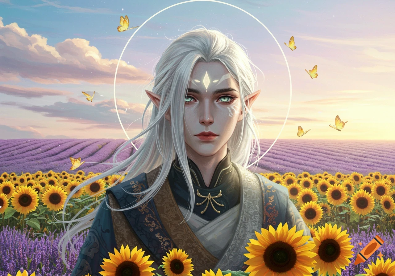 White-haired elf with pointed ears in a sunflower and lavender field under a sunset sky, surrounded by butterflies. Digital art.
