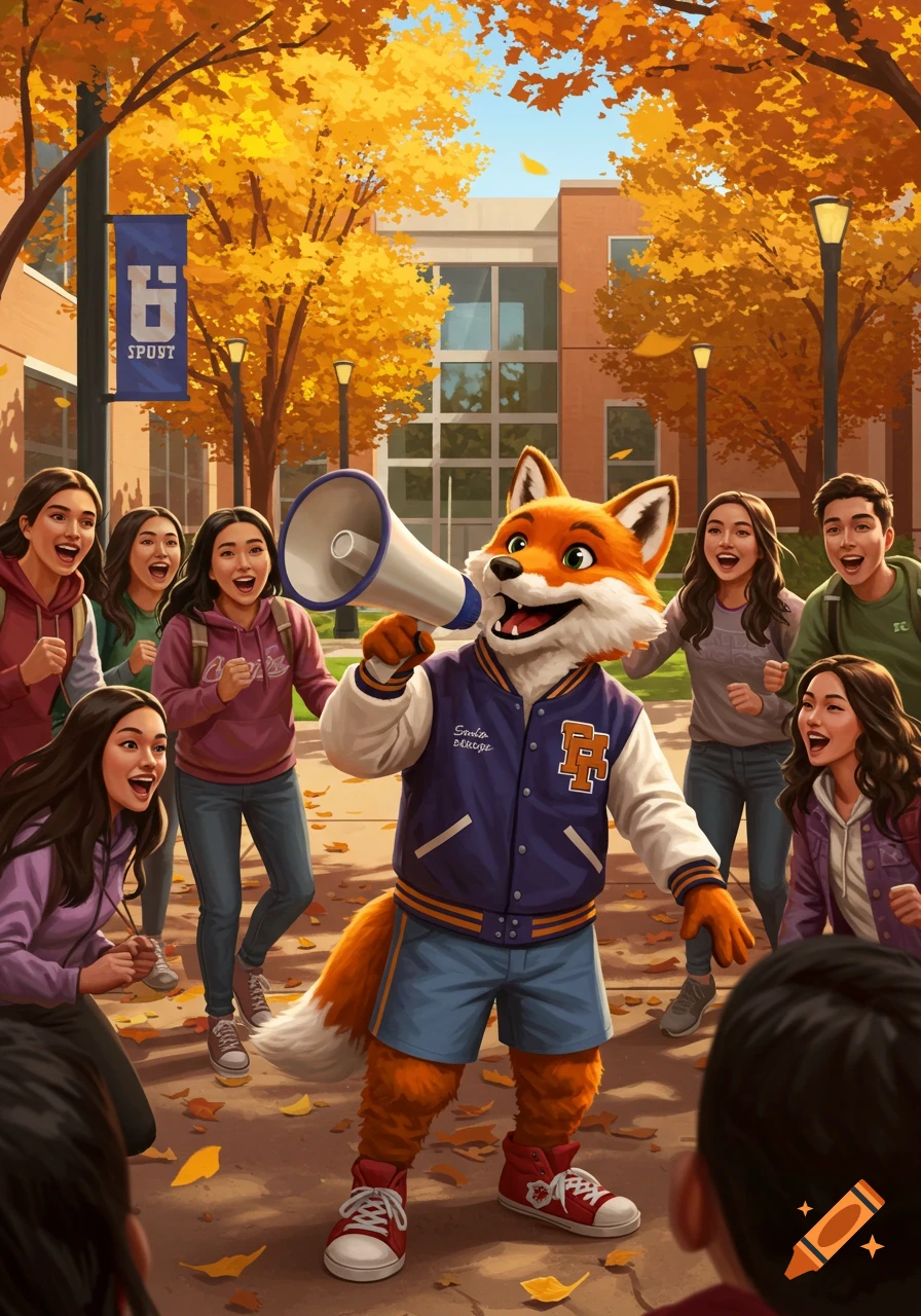 A cheerful fox mascot with a megaphone stands on a college campus, surrounded by smiling students amidst autumn foliage in a cartoon style.
