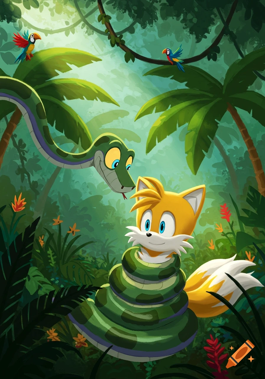 A cartoon python coils around Sonic the Hedgehog in a lush jungle. on ...