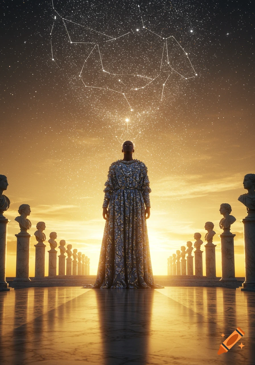 A majestic figure in a shimmering dress stands between rows of classical busts under a golden, starry sky with constellations.