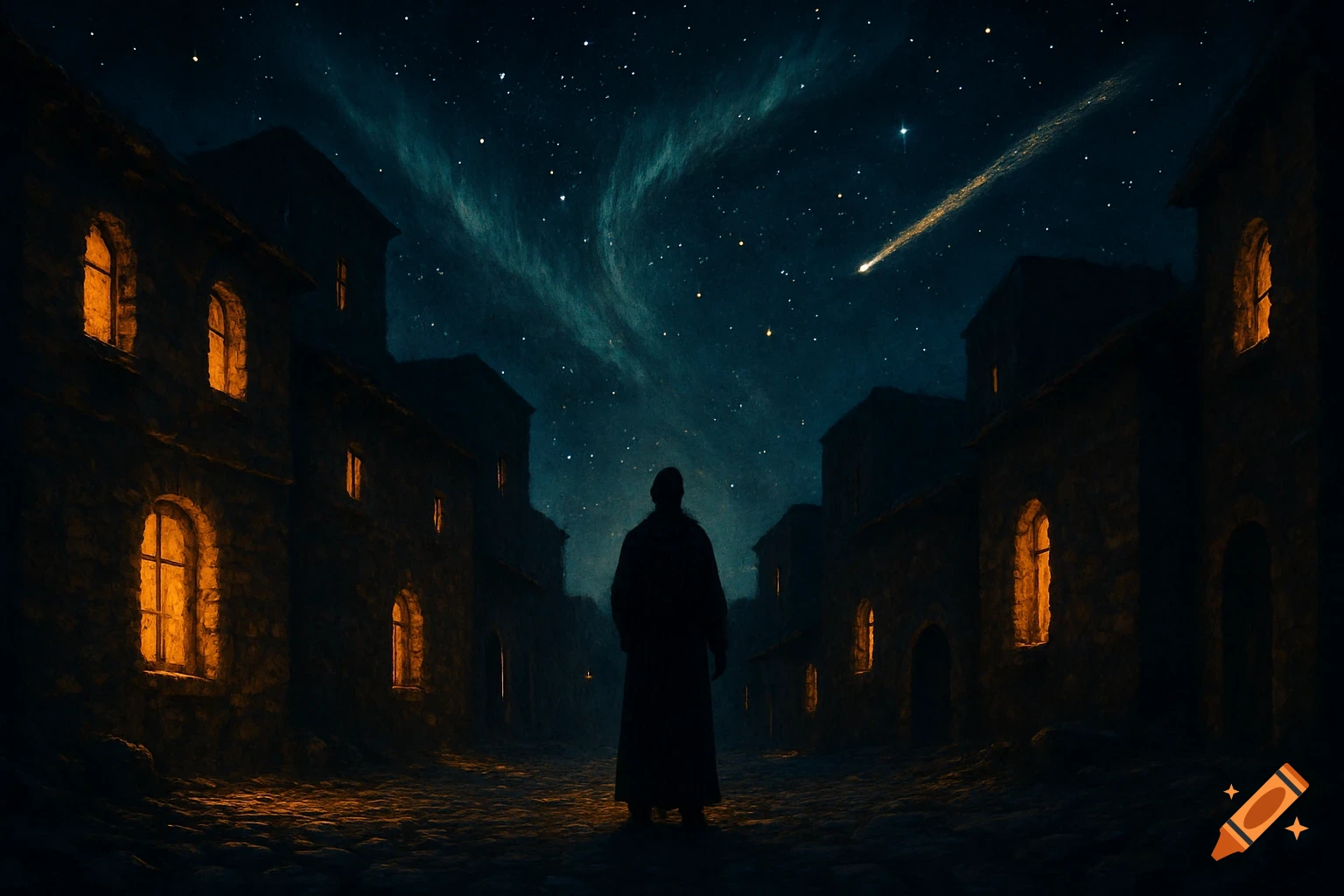 A cloaked figure stands on a dark cobblestone street between old buildings, gazing up at a starry night sky with a comet.