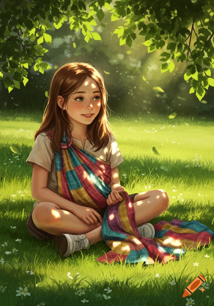 A digitally illustrated young girl with brown hair sitting cross-legged on sunlit green grass, wearing a colorful patterned wrap.