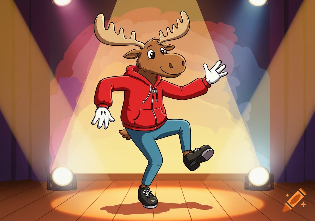 A friendly anthropomorphic cartoon moose tap dancing on a stage with spotlights.