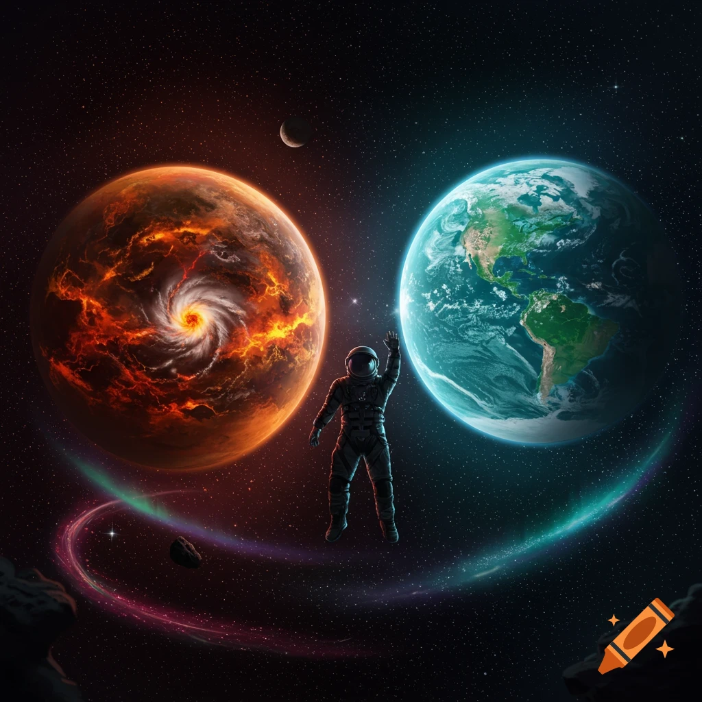 An astronaut waves while floating in space between a fiery orange planet and a blue Earth, with a crescent moon and colorful cosmic rings.