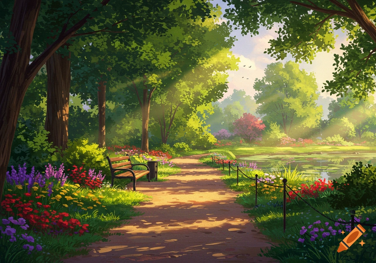 A vibrant illustration of a sunlit park path winding through lush green trees and colorful flowers by a peaceful pond, with a bench near the path.