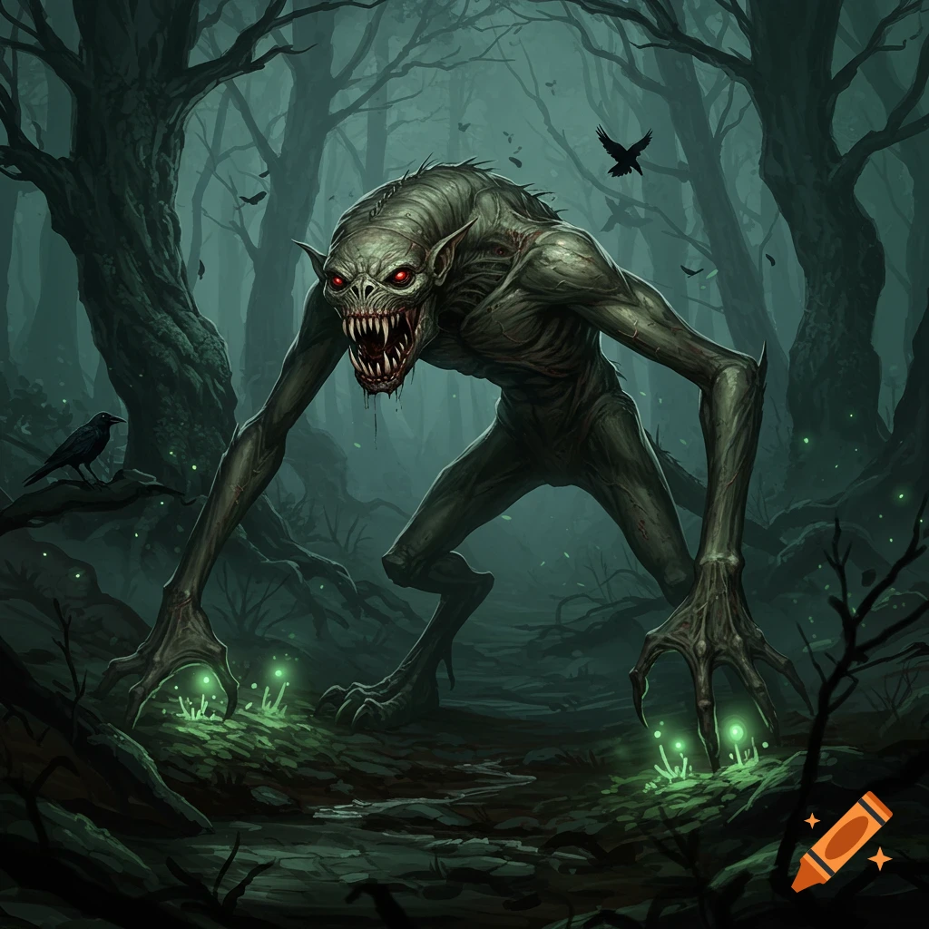 A terrifying grey monster with red eyes and sharp teeth in a dark, misty forest with glowing green plants.
