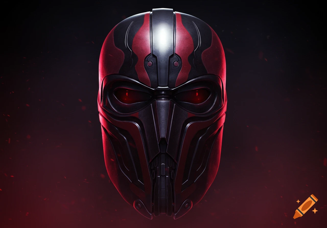 A detailed black and red futuristic mask with glowing red eyes, inspired by Darth Vader and Revan, against a dark, smoky background with red particles.