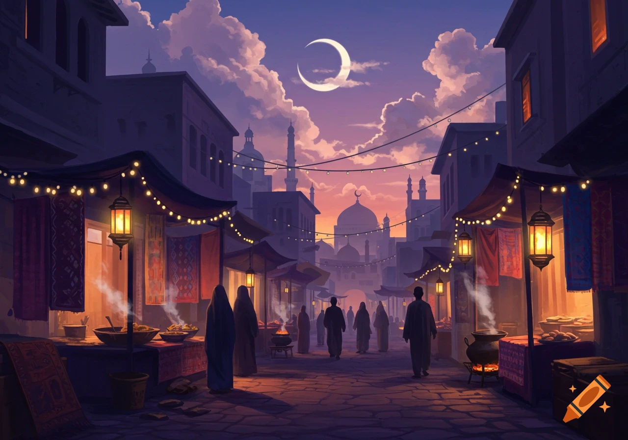 A vibrant, illustrated night market street in an old city, with people, lanterns, food stalls, mosques, and a crescent moon in a purple sky.