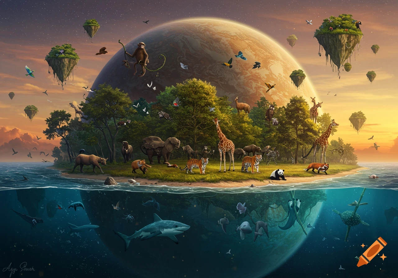A vibrant fantasy scene of diverse wild animals on a lush island and underwater, with a giant planet and floating islands at sunset.