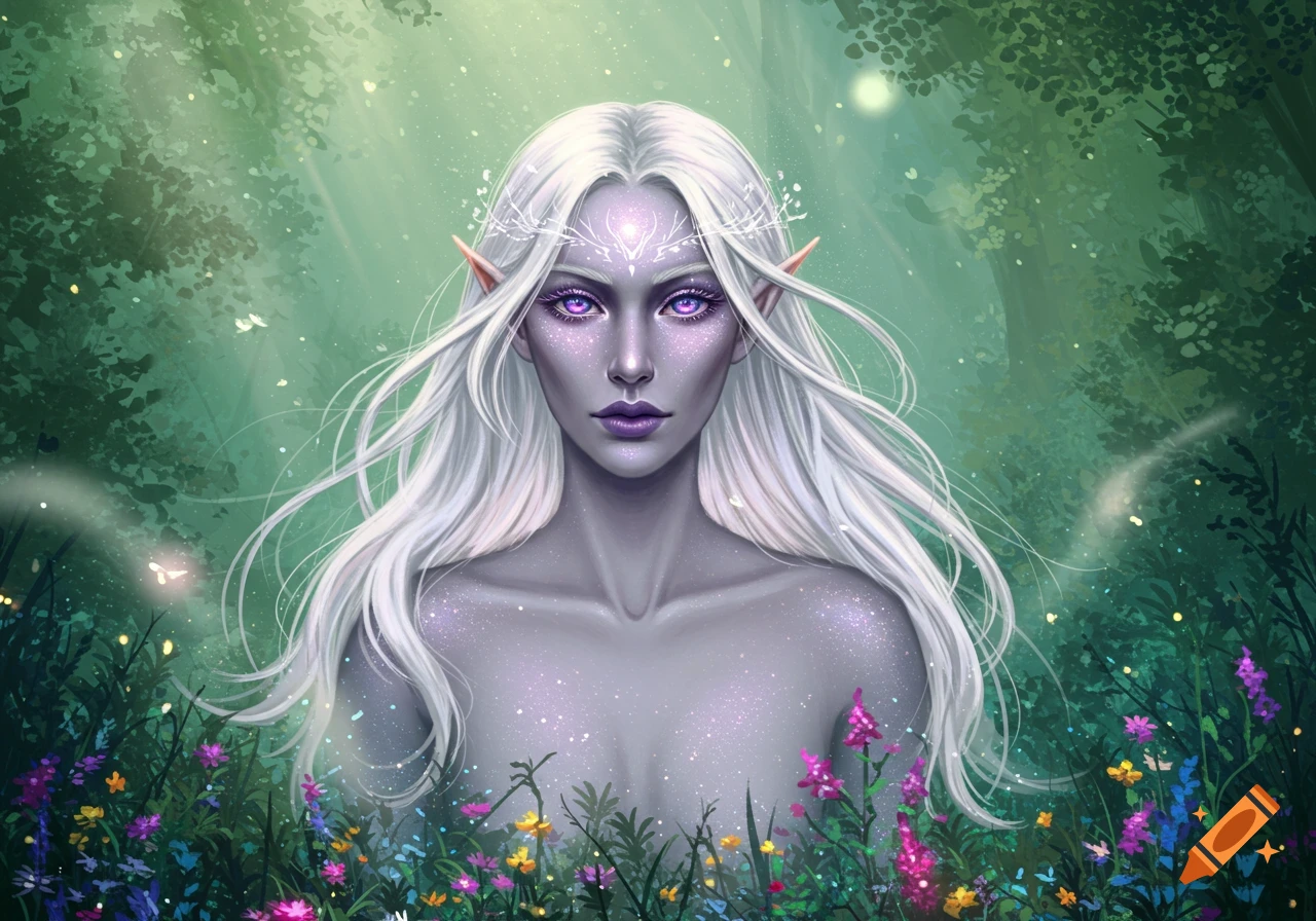 A fantasy illustration of an elf woman with long white hair, purple eyes, and pale skin, emerging from colorful wildflowers in a magical forest.