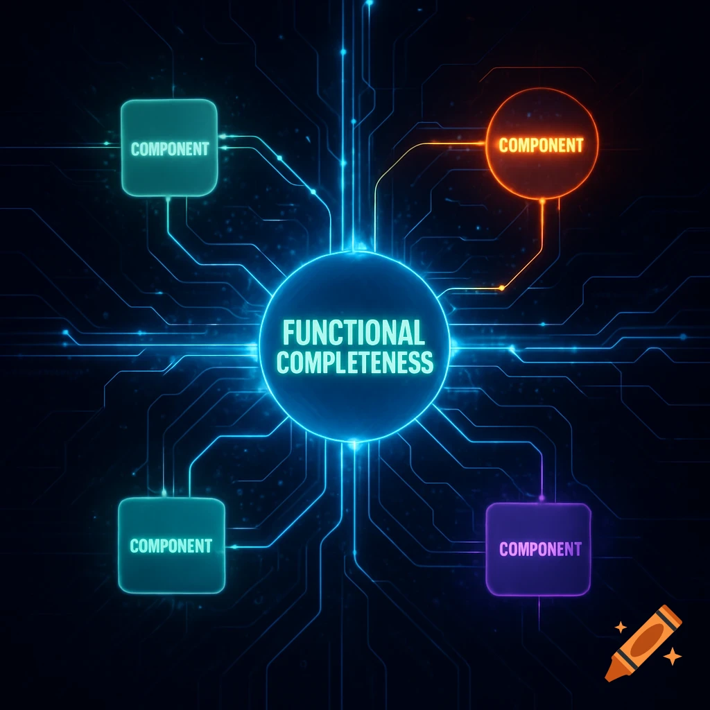 A glowing blue diagram illustrating functional completeness with a central circle connected to four component shapes.